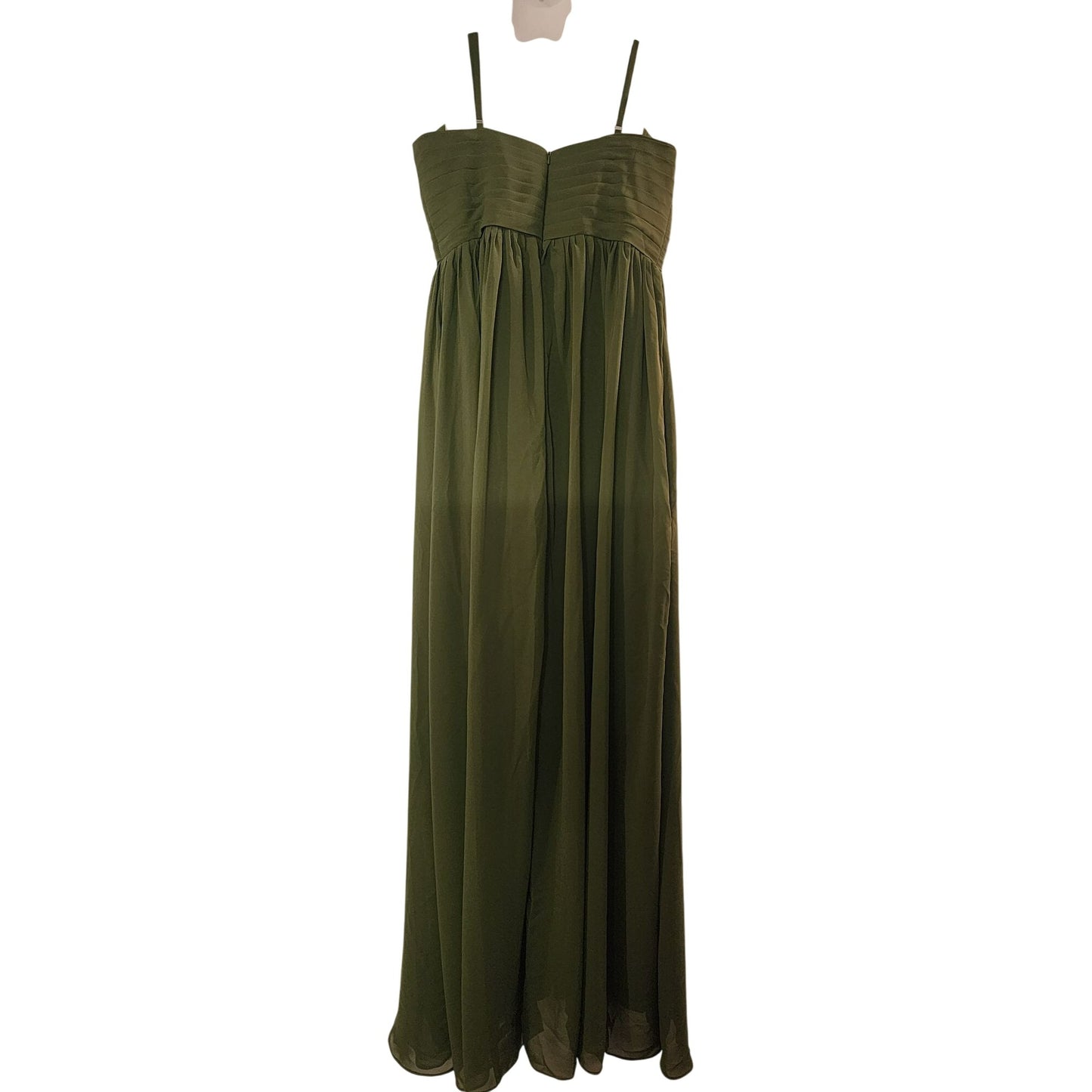 Elegant Olive Green Maxi Dress With Pleated Bodice & Spaghetti Straps Design Flowy