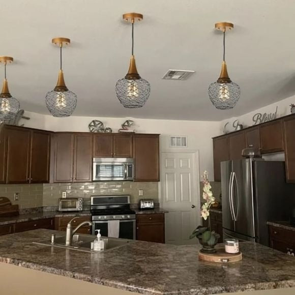 Modern 7in Mini Farmhouse Metal Cage Gold Pendant 1-Lighting Black Wire Kitchen