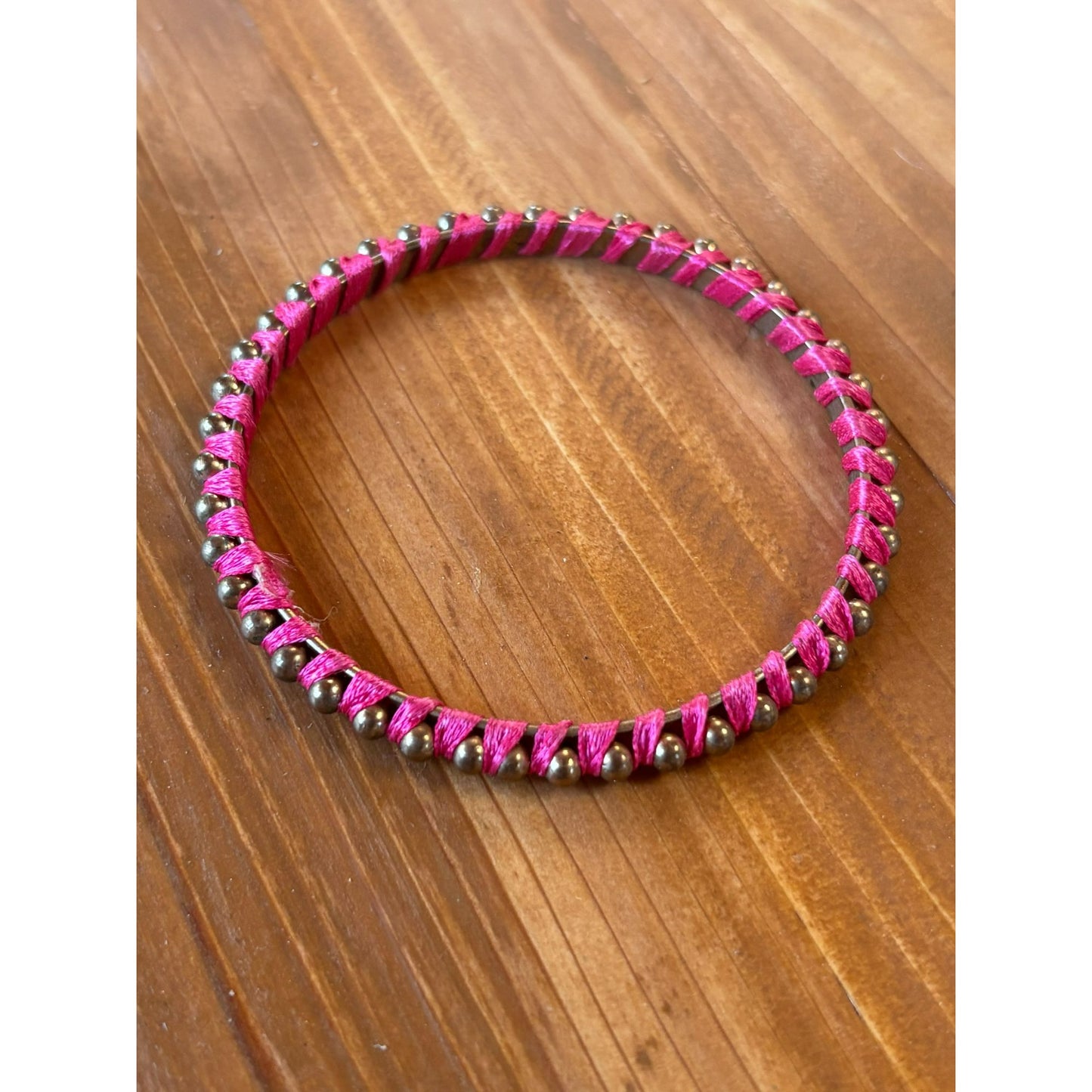 Hot Pink Woven Bangles With Silver Bead Accents