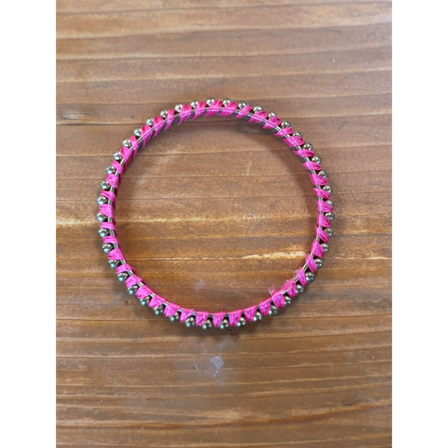 Hot Pink Woven Bangles With Silver Bead Accents