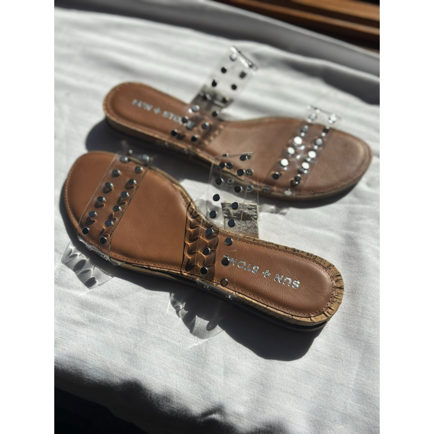 Sun + Stone Womens Clear Studded Slide Sandals