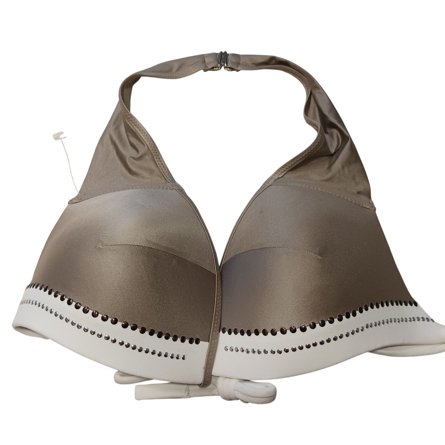 Rhinestone-Embellished Brown & White Bikini Top With Tie Back