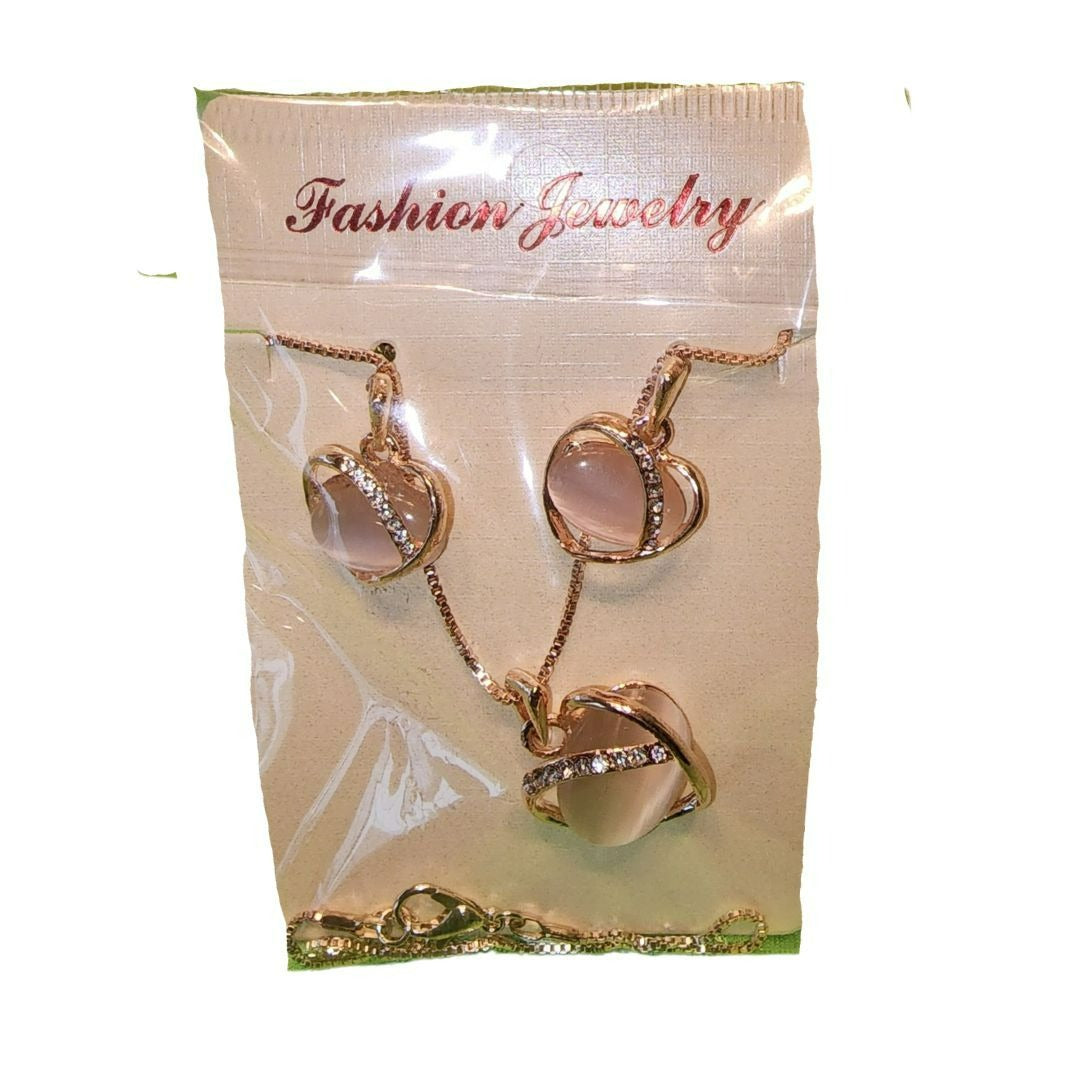 Rose Gold Heart Necklace & Earrings Set With Rhinestone Accents