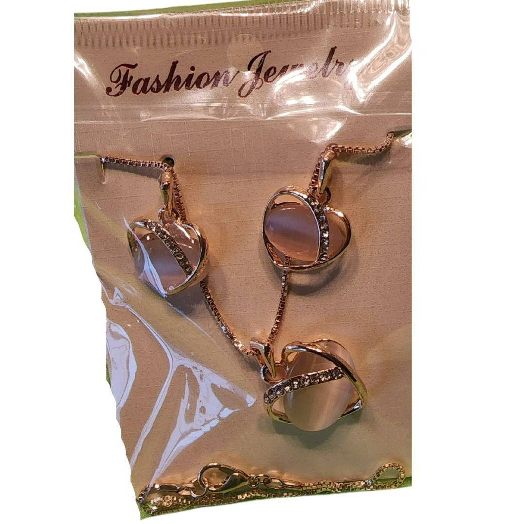 Rose Gold Heart Necklace & Earrings Set With Rhinestone Accents