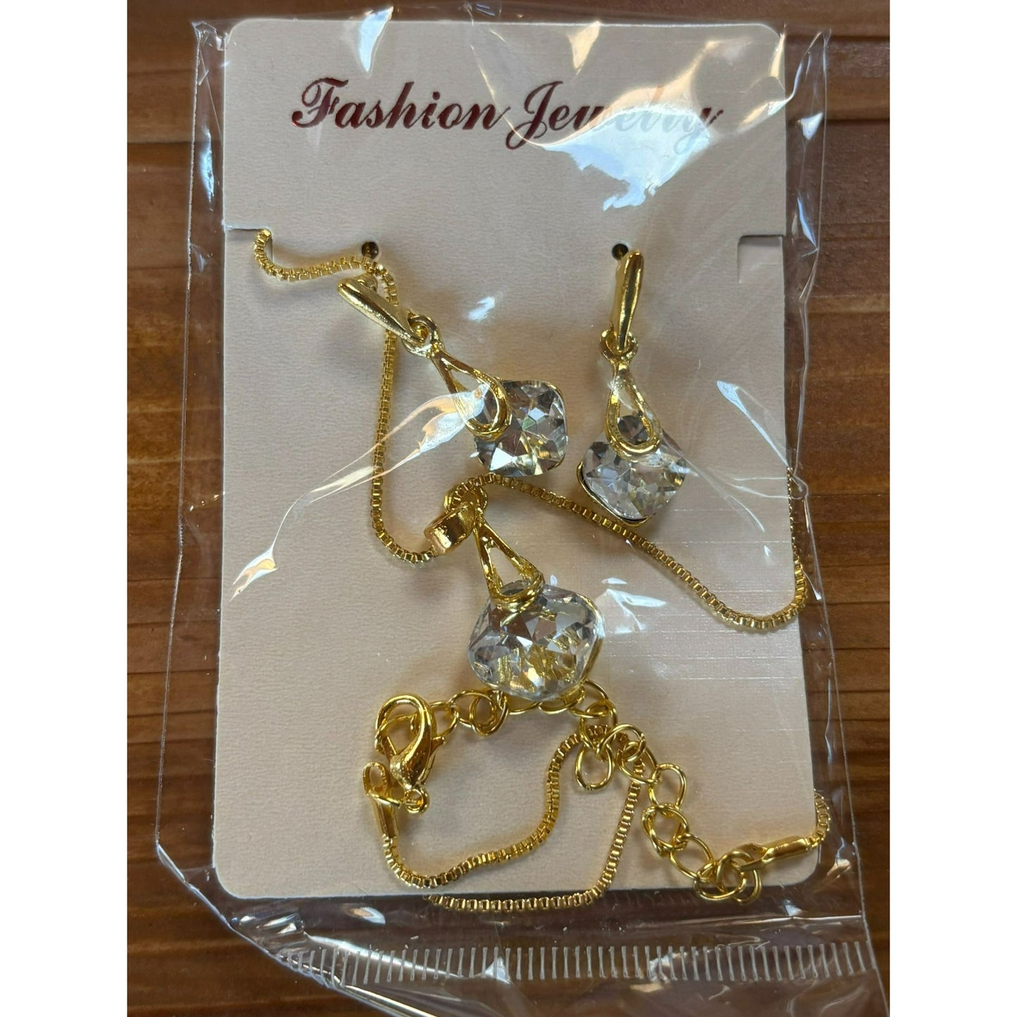 Gold-Tone Chain Necklace & Earrings Set With Clear Round Crystal Pendants