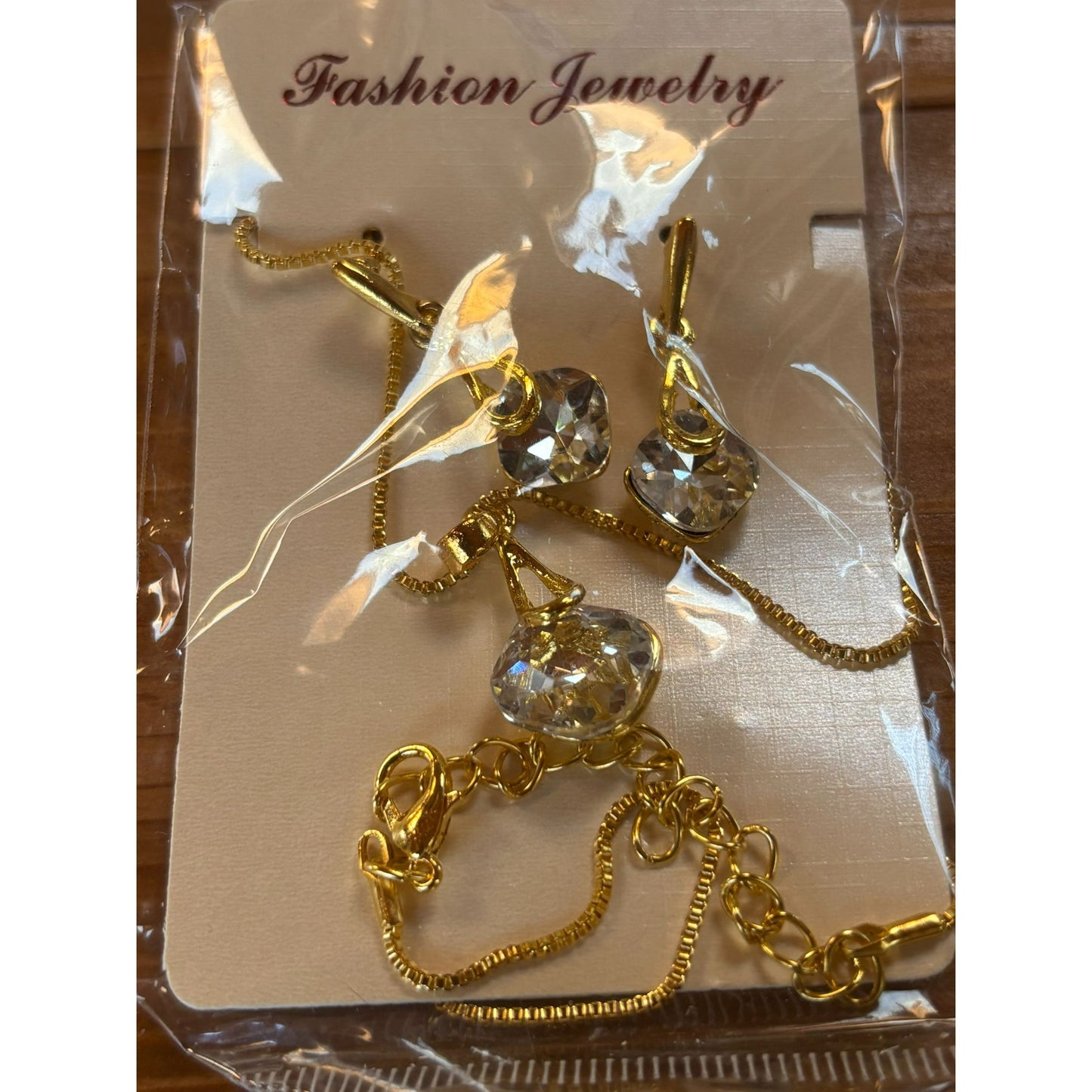 Gold-Tone Chain Necklace & Earrings Set With Clear Round Crystal Pendants