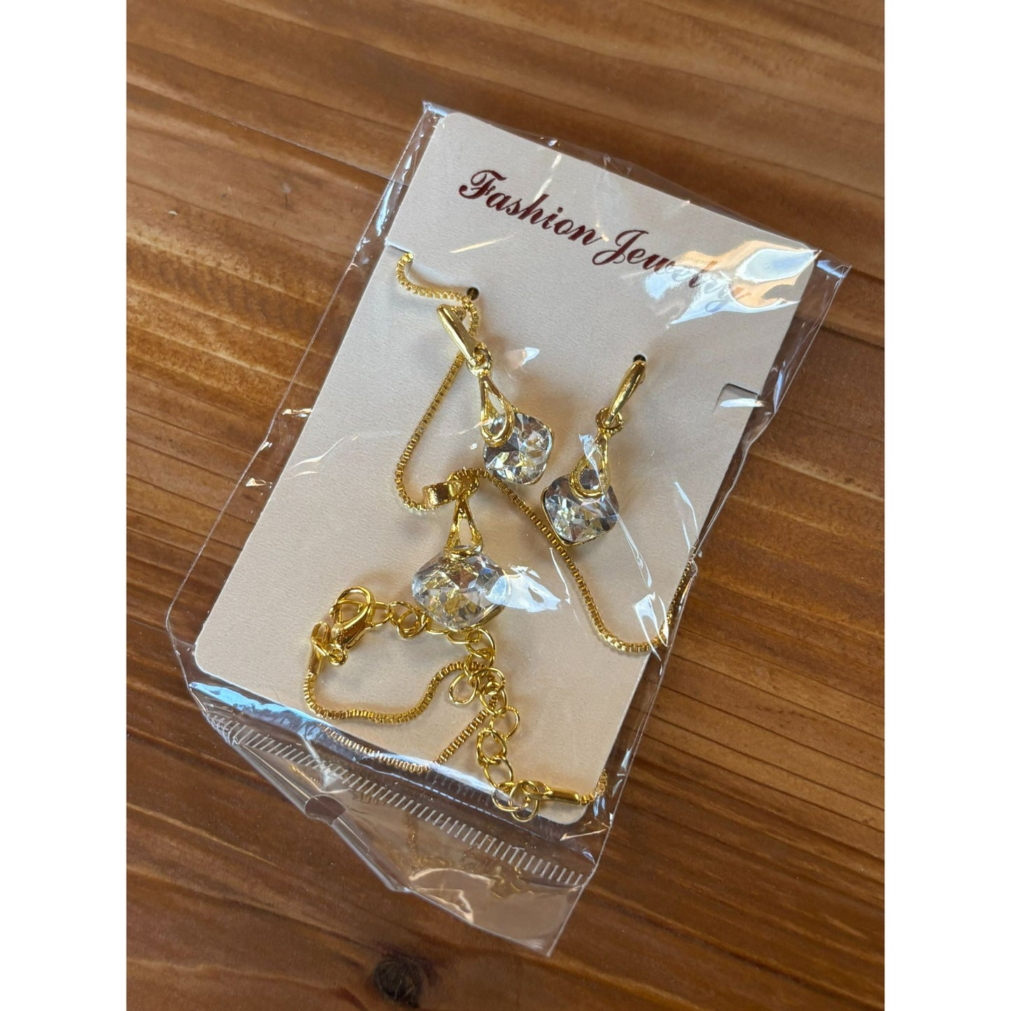 Gold-Tone Chain Necklace & Earrings Set With Clear Round Crystal Pendants