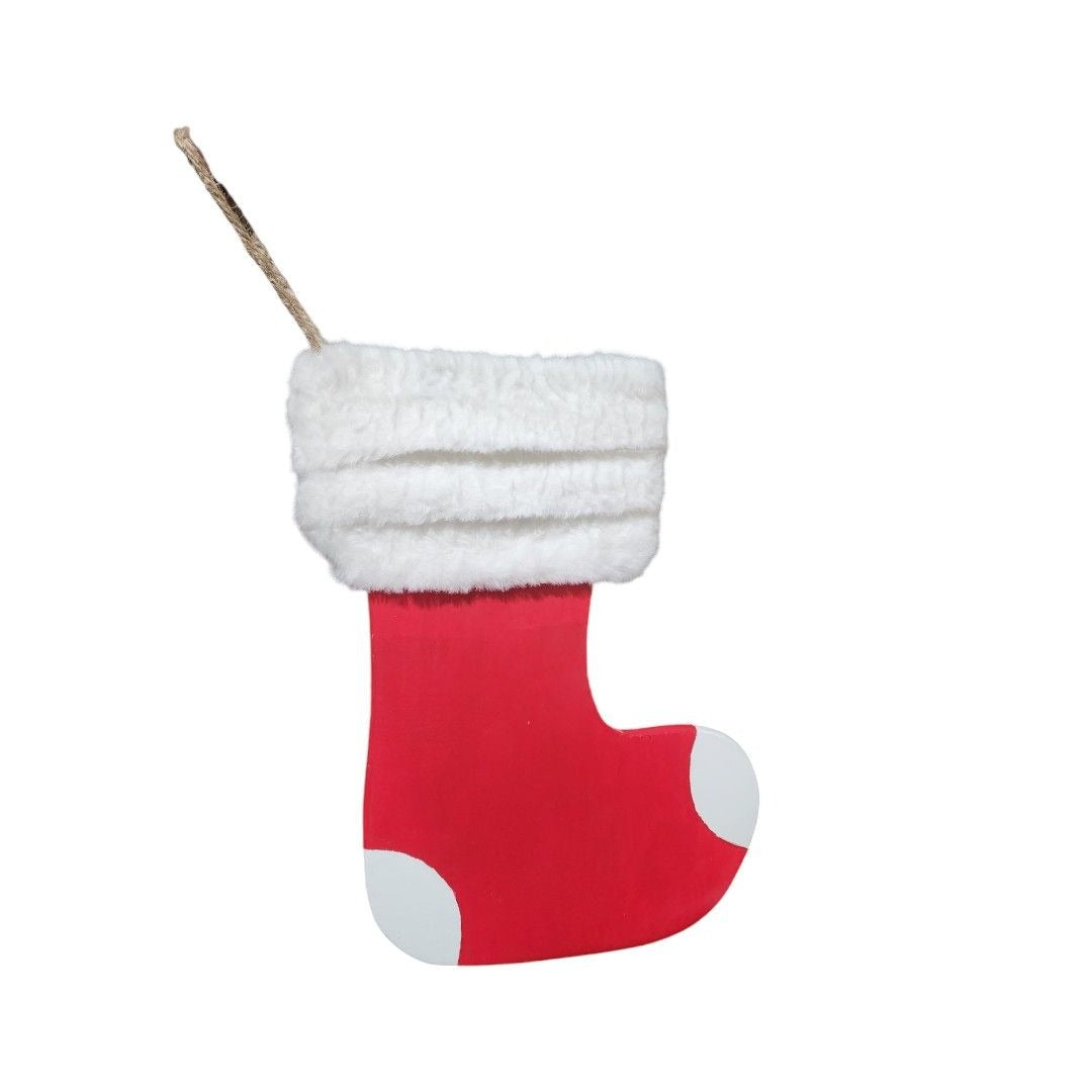 Wooden Christmas Stocking Ornament With Faux Fur Trim