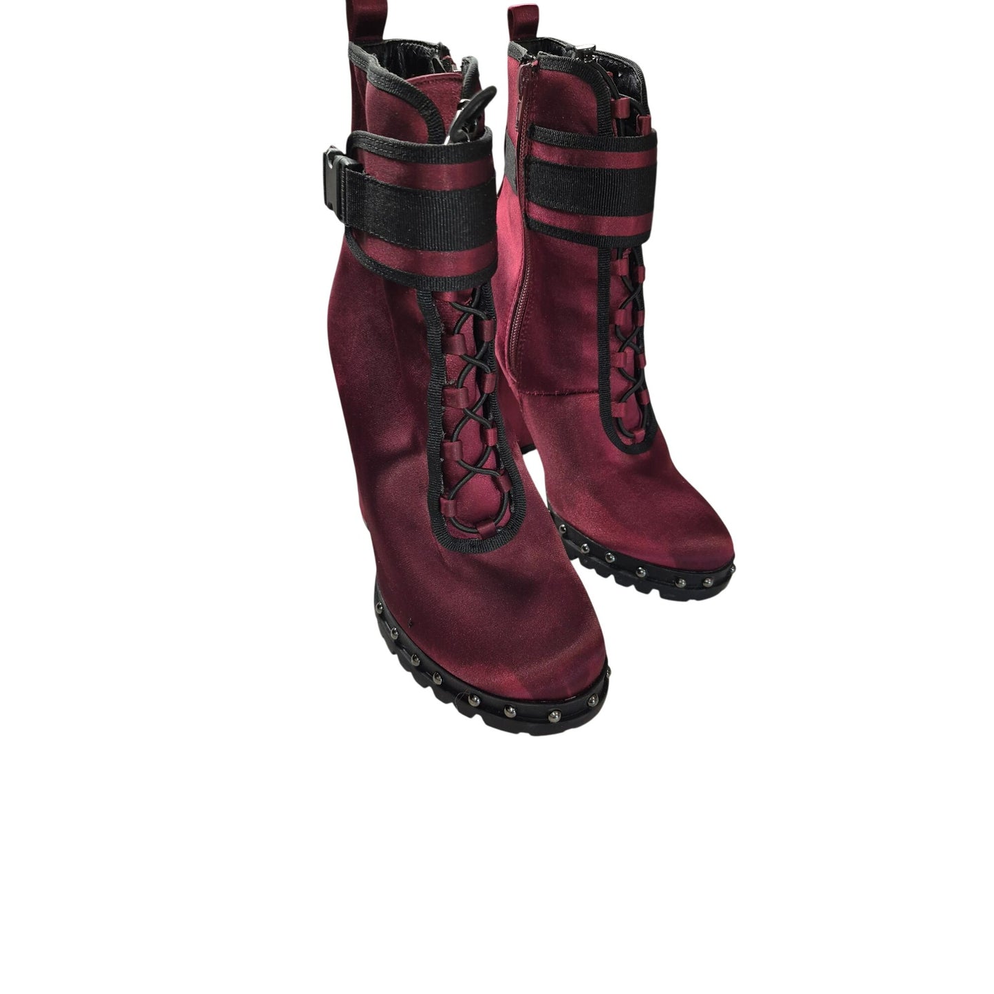 Burgundy Satin High-Heel Combat Bootswomen shoes Size 7