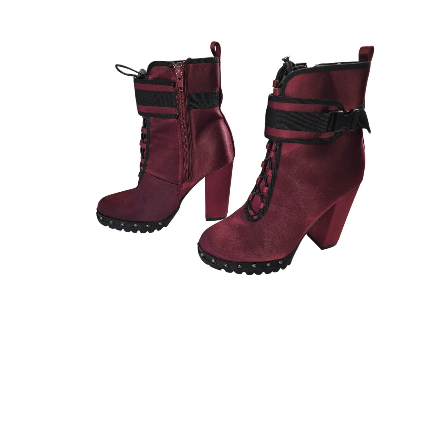 Burgundy Satin High-Heel Combat Bootswomen shoes Size 7