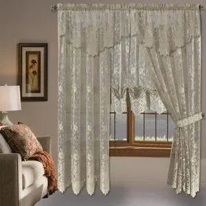 Grace Floral Lace Window Curtain Panels in Beige