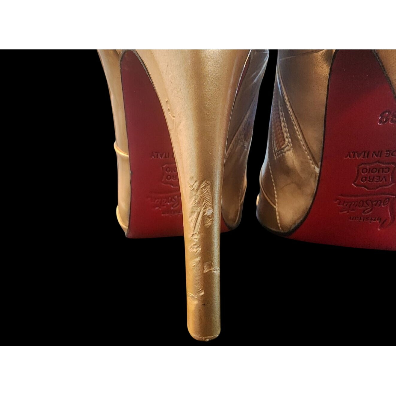 Christian Louboutin Robot 120 Miroire Gold Peep Toe Booties – Size 38 – Iconic Style
