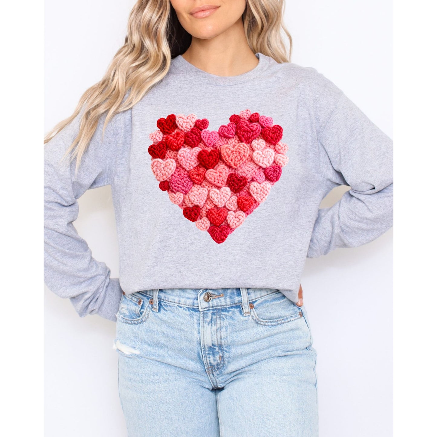 Heart Pattern Knit Look Graphic Shirt Cozy Valentine Style