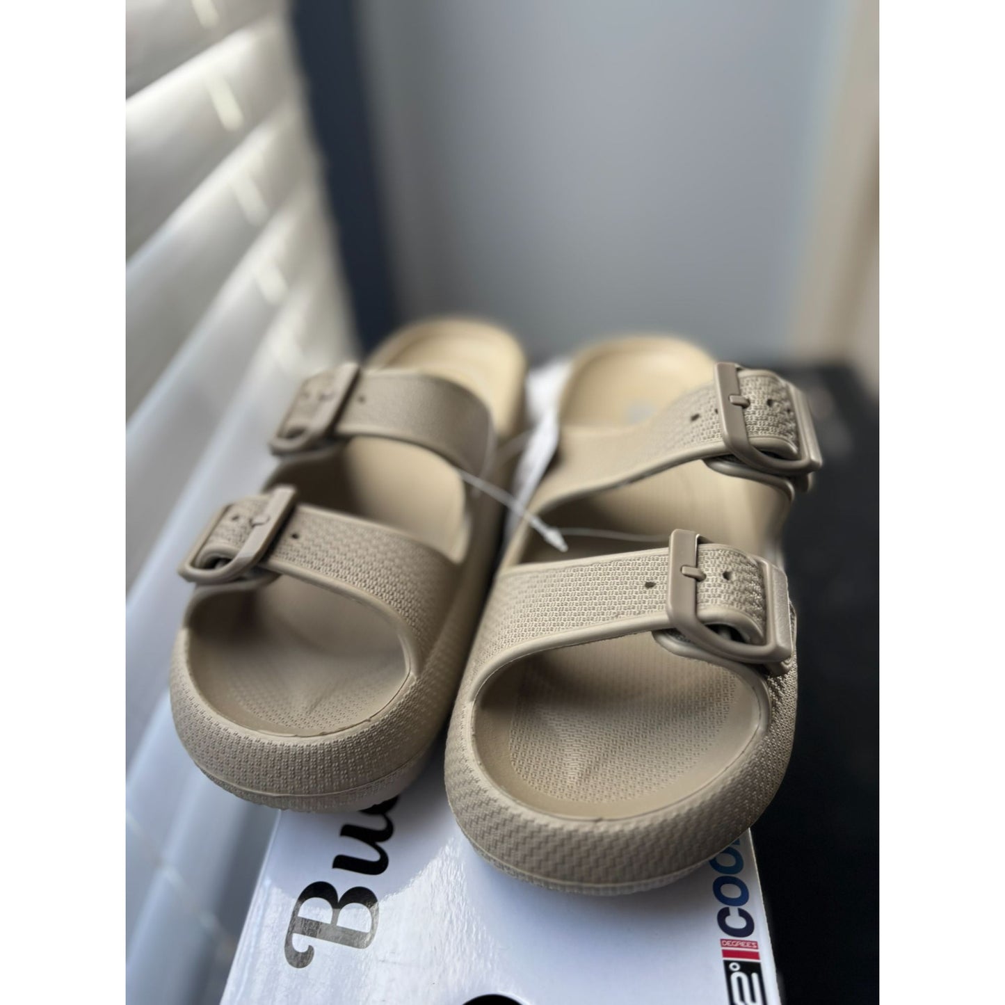 Buckle Cushion Slide Sandals By BE COOL Natural