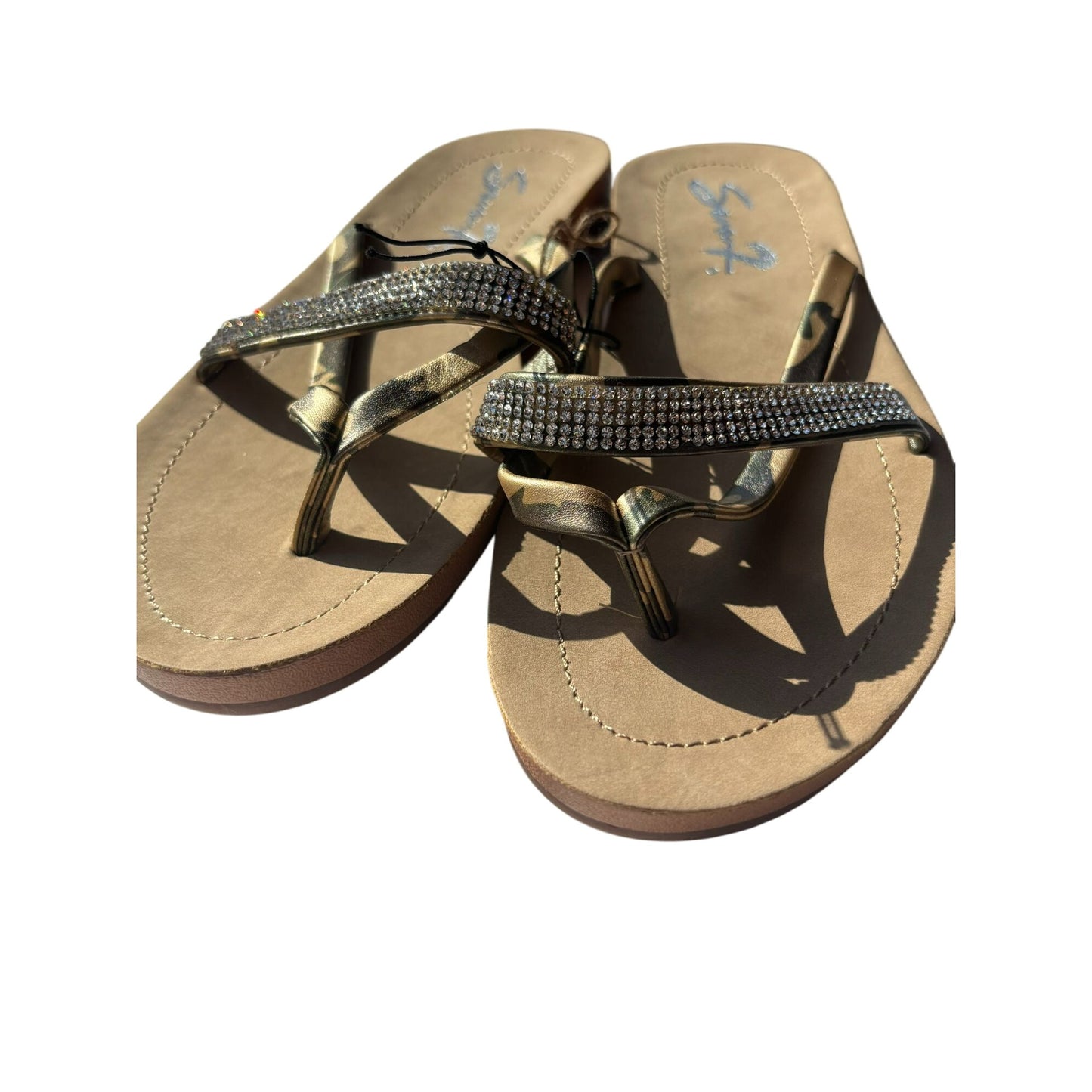 Seven7 Bondi Caramel Womens Gold Camo Sandals W/Rhinestone Straps 9