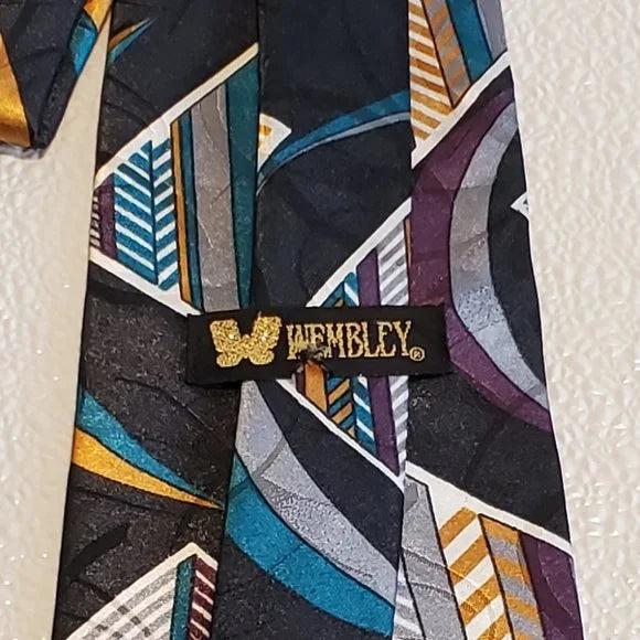 Vintage Wembley Geometric Pattern Mens Tie In Black With Gold Teal & Purple