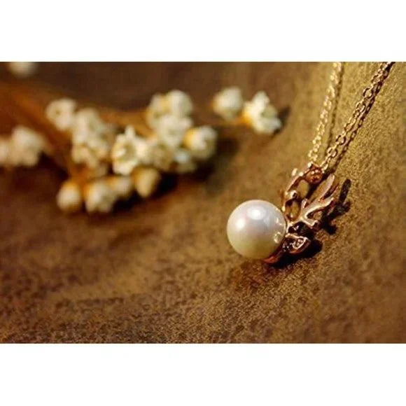 Reindeer Antler Necklace With Faux Pearl Pendant In Faux Gold Plating