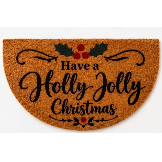 Handmade Holly Jolly Christmas Doormat – Half Moon Holiday Welcome Mat 23.5"
