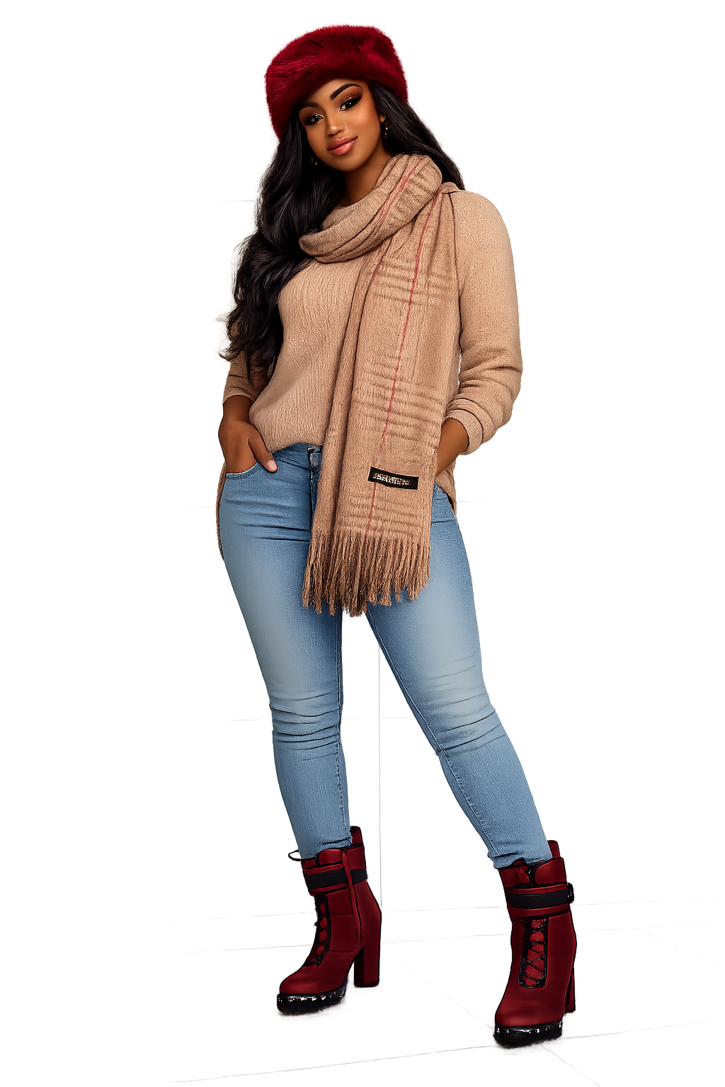 Luxurious Cashmere Tan Plaid Scarf With Fringe Trim For Men & Women