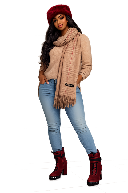 Luxurious Cashmere Tan Plaid Scarf With Fringe Trim For Men & Women