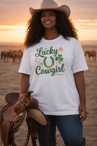 Lucky Cowgirl w/Horseshoe Western Graphic Tee – Women’s Country Rodeo Boutique Shirt
