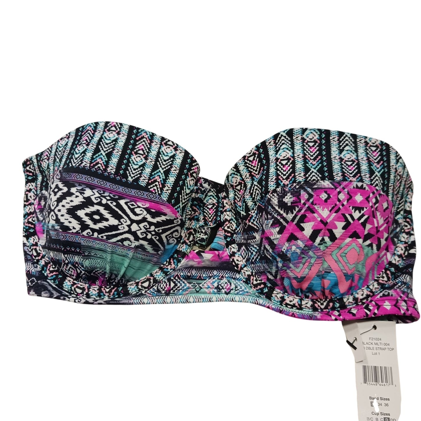 Adjustable Double Strap Bikini Top Size 32D - Underwire Support Multicolor Tribal Print