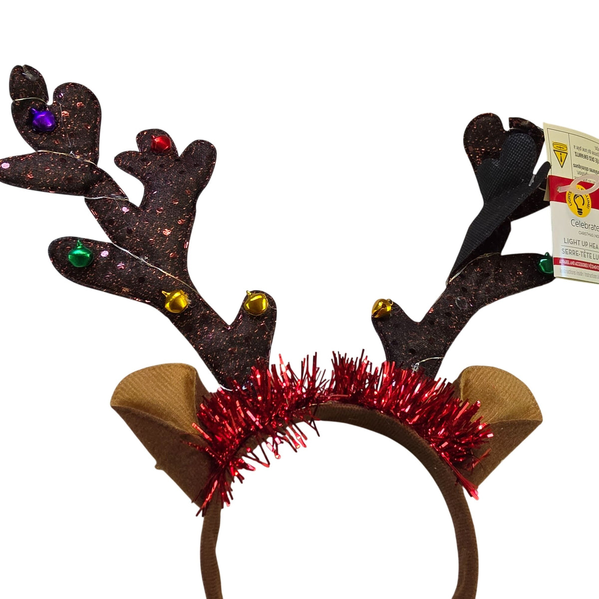 Light-Up Reindeer Antler Headband With Bells & Glitter For Christmas
