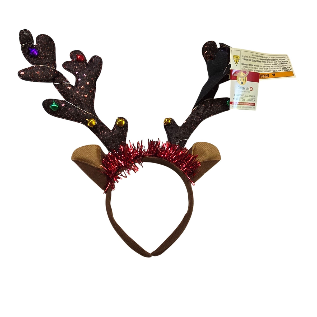 Light-Up Reindeer Antler Headband With Bells & Glitter For Christmas