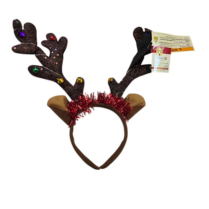 Light-Up Reindeer Antler Headband With Bells & Glitter For Christmas