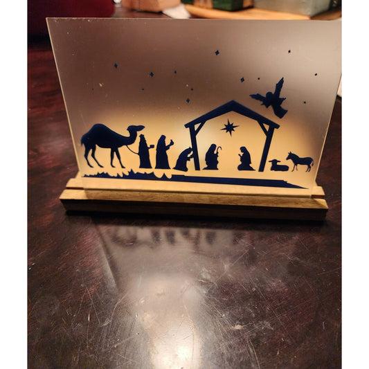Nativity Silhouette Glass Candle Holder With Wooden Base