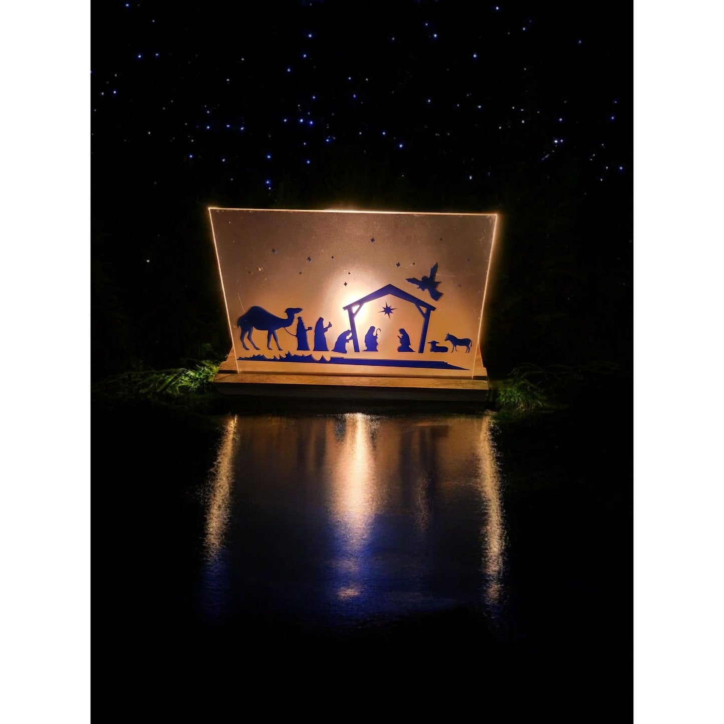 Nativity Silhouette Glass Candle Holder With Wooden Base