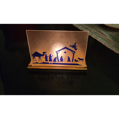 Nativity Silhouette Glass Candle Holder With Wooden Base