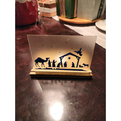 Nativity Silhouette Glass Candle Holder With Wooden Base
