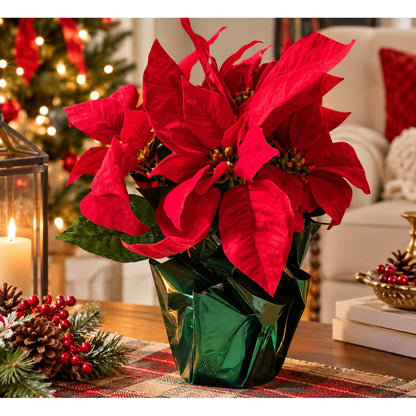 Artificial Red Christmas Poinsettia in Green Foil Pot – Holiday Tabletop Decor – 12", 14" or 16"