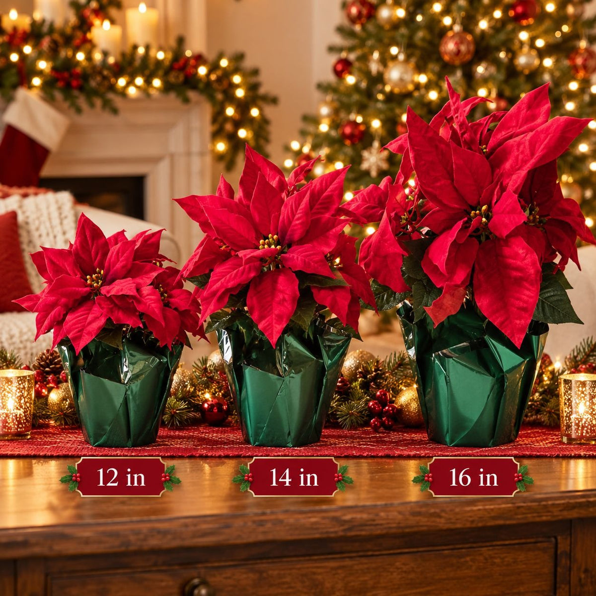 Artificial Red Christmas Poinsettia in Green Foil Pot – Holiday Tabletop Decor – 12", 14" or 16"