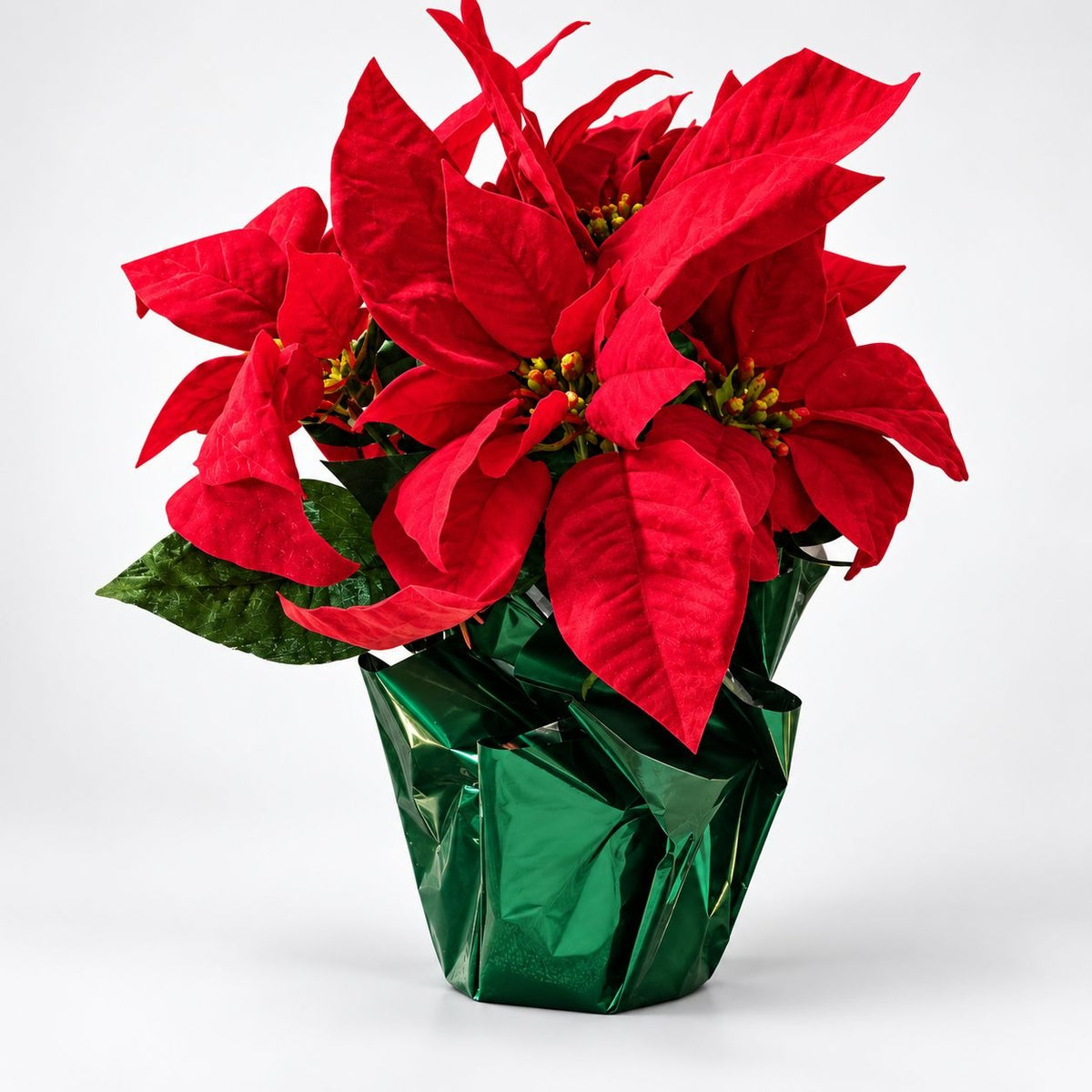 Artificial Red Christmas Poinsettia in Green Foil Pot – Holiday Tabletop Decor – 12", 14" or 16"
