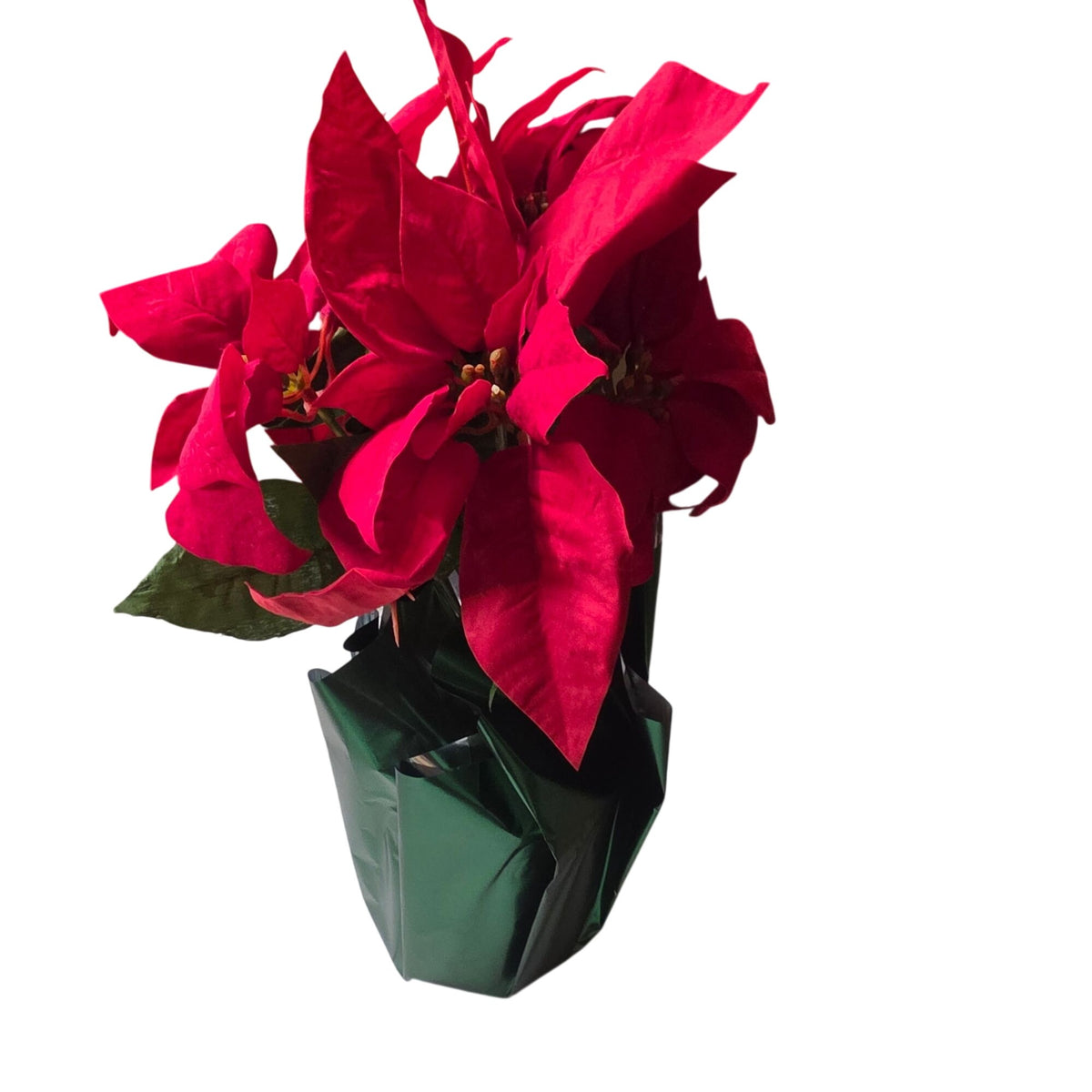 Artificial Red Christmas Poinsettia in Green Foil Pot – Holiday Tabletop Decor – 12", 14" or 16"