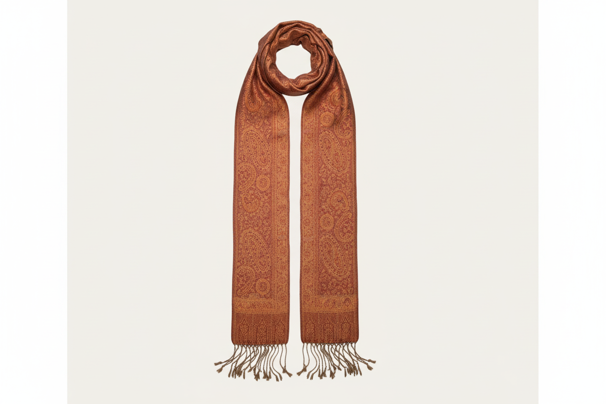 Paisley Patterned Orange & Red Pashmina Scarf Wrap With Fringe Edges