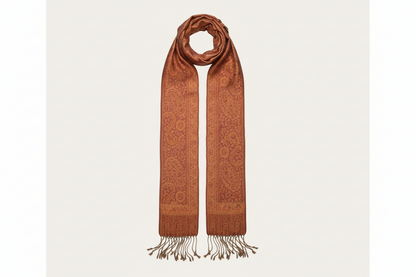 Paisley Patterned Orange & Red Pashmina Scarf Wrap With Fringe Edges