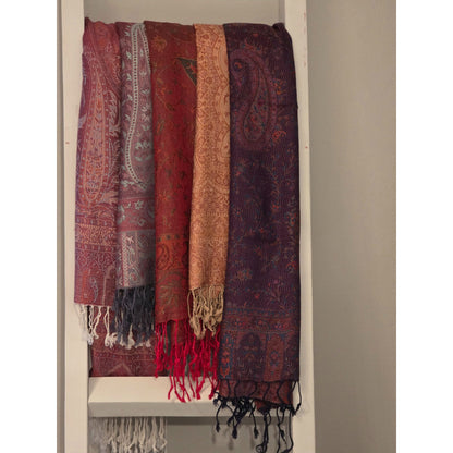 Paisley Patterned Orange & Red Pashmina Scarf Wrap With Fringe Edges