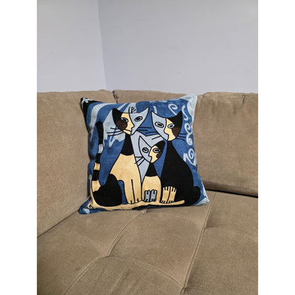 Modern Abstract Cat Embroidered Pillow Cover – Handmade Blue & Gold Cat Art Cushion Cover, Boho Feline Throw Pillow, 18x18