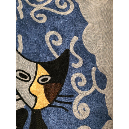 Modern Abstract Cat Embroidered Pillow Cover – Handmade Blue & Gold Cat Art Cushion Cover, Boho Feline Throw Pillow, 18x18