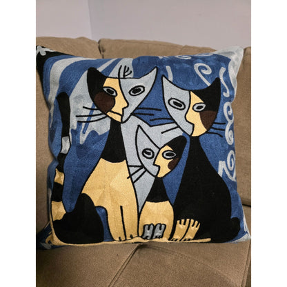 Modern Abstract Cat Embroidered Pillow Cover – Handmade Blue & Gold Cat Art Cushion Cover, Boho Feline Throw Pillow, 18x18