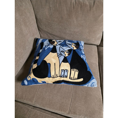 Modern Abstract Cat Embroidered Pillow Cover – Handmade Blue & Gold Cat Art Cushion Cover, Boho Feline Throw Pillow, 18x18