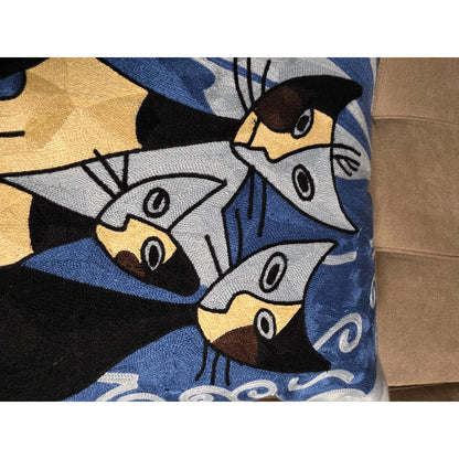 Modern Abstract Cat Embroidered Pillow Cover – Handmade Blue & Gold Cat Art Cushion Cover, Boho Feline Throw Pillow, 18x18