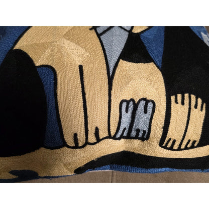 Modern Abstract Cat Embroidered Pillow Cover – Handmade Blue & Gold Cat Art Cushion Cover, Boho Feline Throw Pillow, 18x18