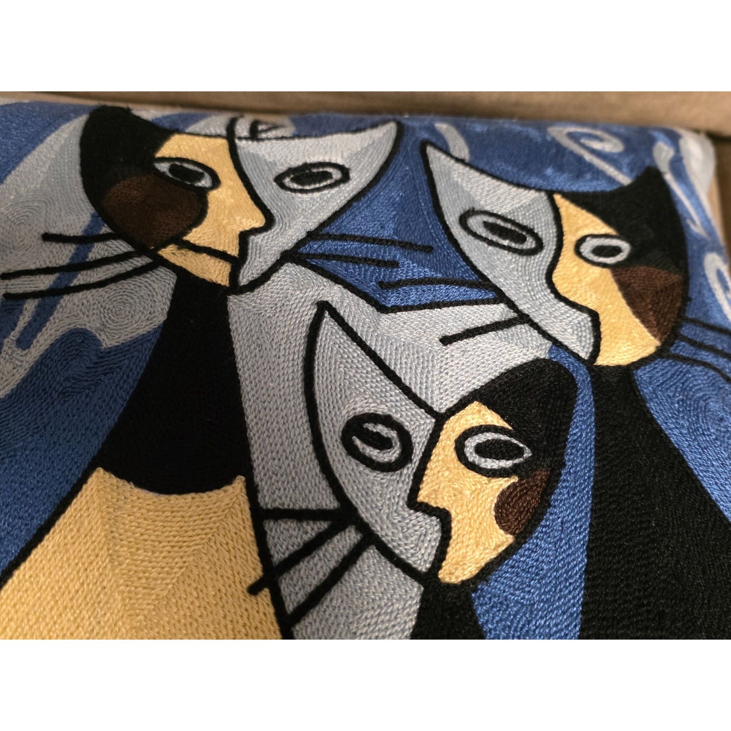 Modern Abstract Cat Embroidered Pillow Cover – Handmade Blue & Gold Cat Art Cushion Cover, Boho Feline Throw Pillow, 18x18