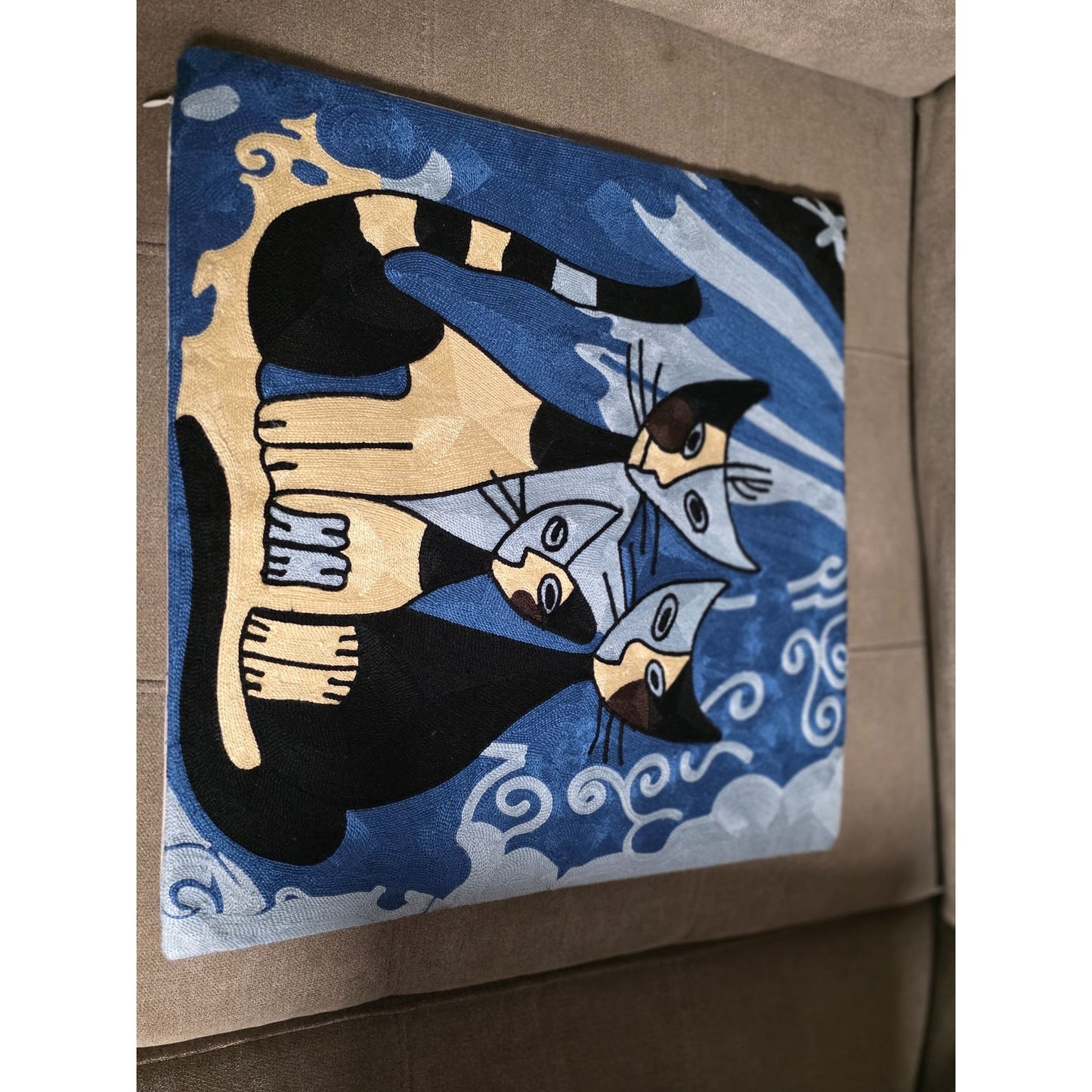 Modern Abstract Cat Embroidered Pillow Cover – Handmade Blue & Gold Cat Art Cushion Cover, Boho Feline Throw Pillow, 18x18