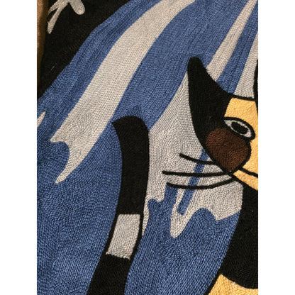 Modern Abstract Cat Embroidered Pillow Cover – Handmade Blue & Gold Cat Art Cushion Cover, Boho Feline Throw Pillow, 18x18