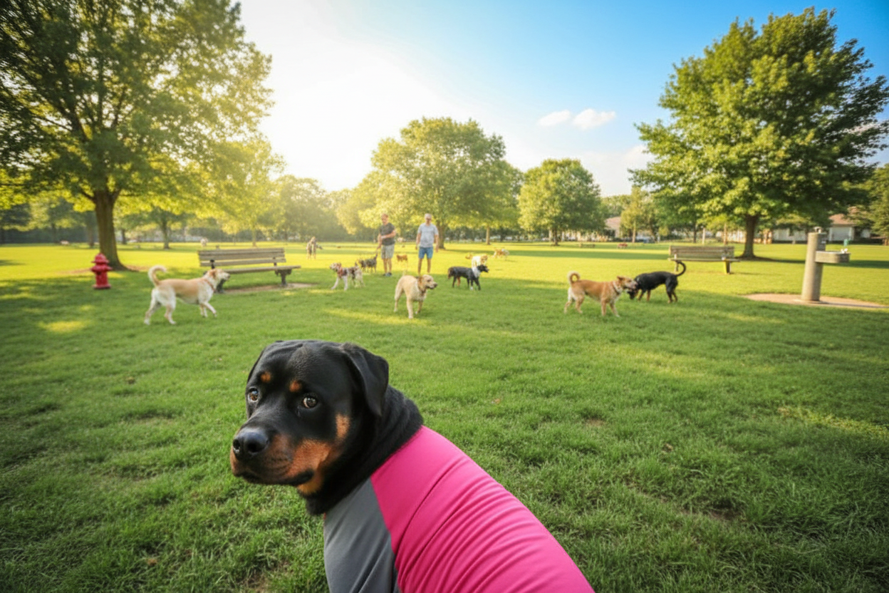 Dog wearing a pink shirt and gray pants on a wooden floor with boxes in the background.